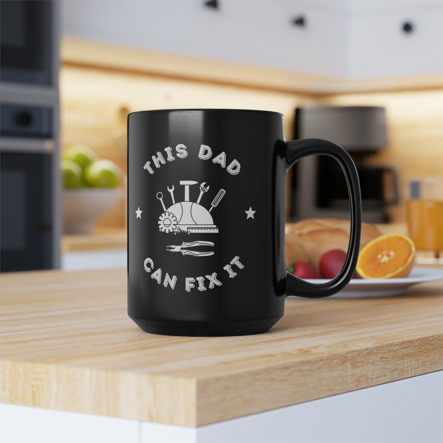 This Dad Can fix it Black Mug, 15oz