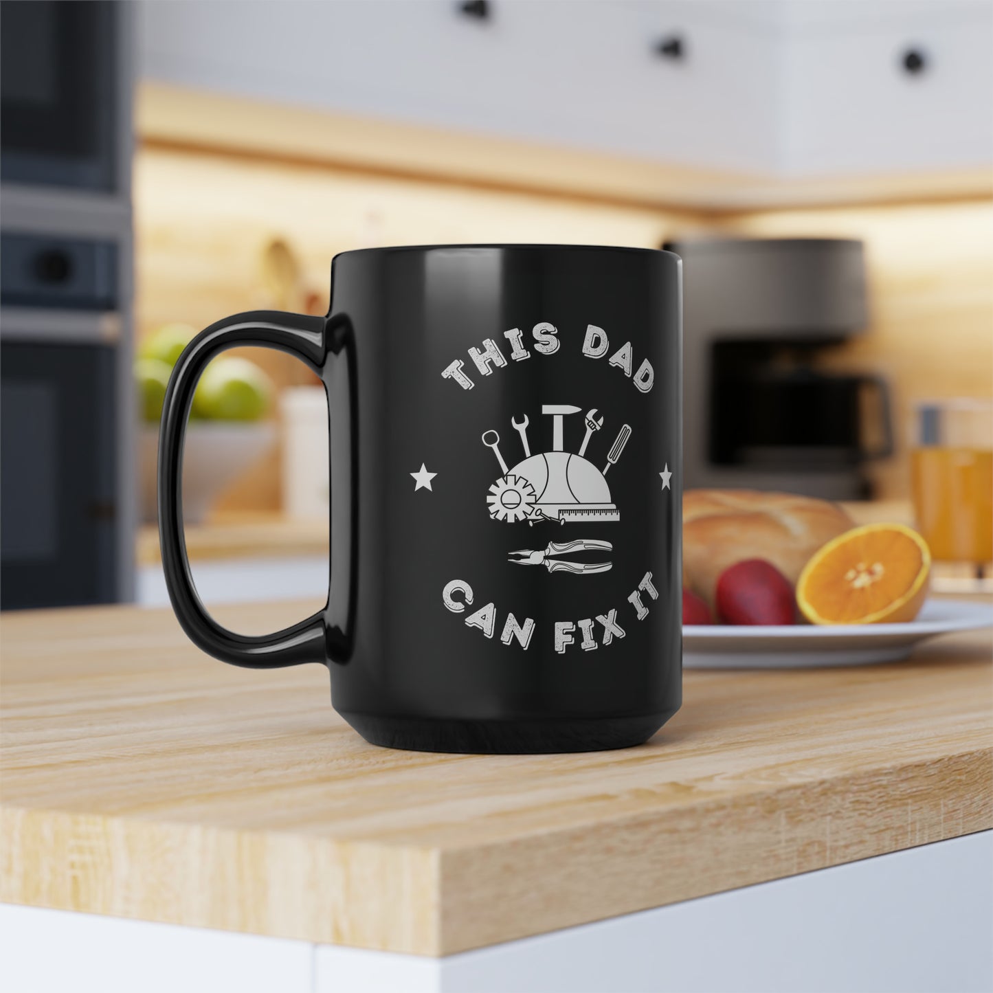 This Dad Can fix it Black Mug, 15oz